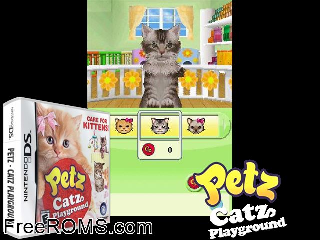 Petz - Catz Playground NDS game showing 3D box cover and gameplay screenshot