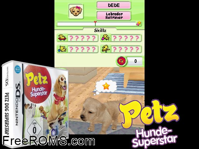 Petz - Dog Superstar Europe NDS game showing 3D box cover and gameplay screenshot