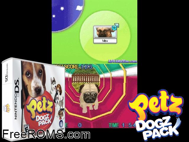 Petz - Dogz Pack NDS game showing 3D box cover and gameplay screenshot