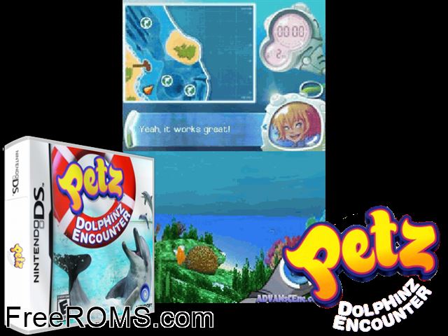Petz - Dolphinz Encounter NDS game showing 3D box cover and gameplay screenshot