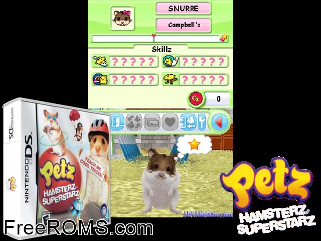 Petz - Hamster Superstar Europe NDS game showing 3D box cover and gameplay screenshot