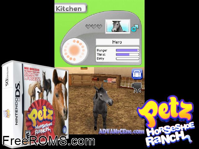 Petz - Horseshoe Ranch NDS game showing 3D box cover and gameplay screenshot