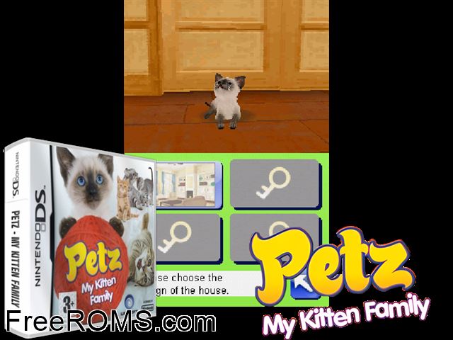 Petz - My Kitten Family Europe NDS game showing 3D box cover and gameplay screenshot