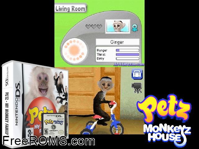 Petz - My Monkey Family Europe NDS game showing 3D box cover and gameplay screenshot