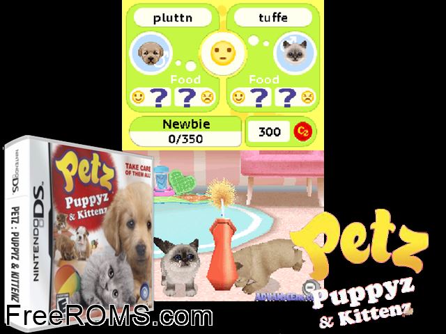 Petz - Puppyz and Kittenz NDS game showing 3D box cover and gameplay screenshot