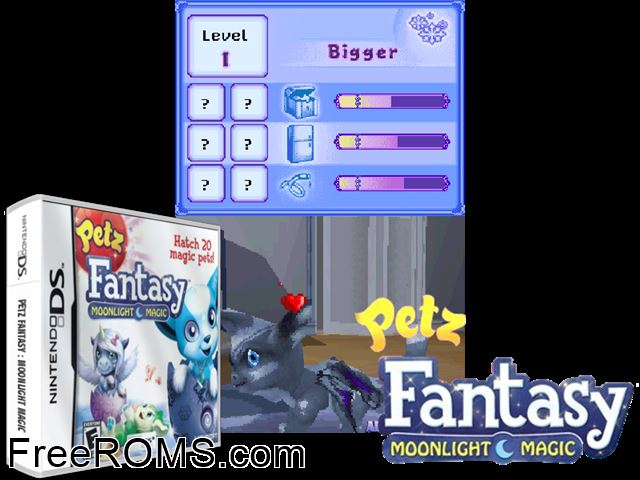 Petz Fantasy - Moonlight Magic NDS game showing 3D box cover and gameplay screenshot