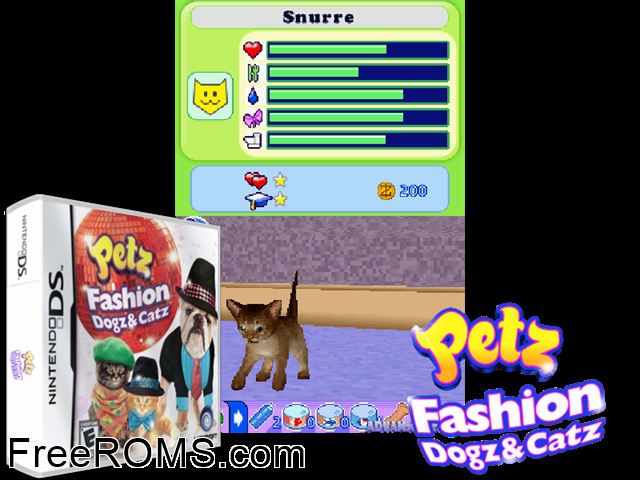Petz Fashion - Dogz and Catz NDS game showing 3D box cover and gameplay screenshot