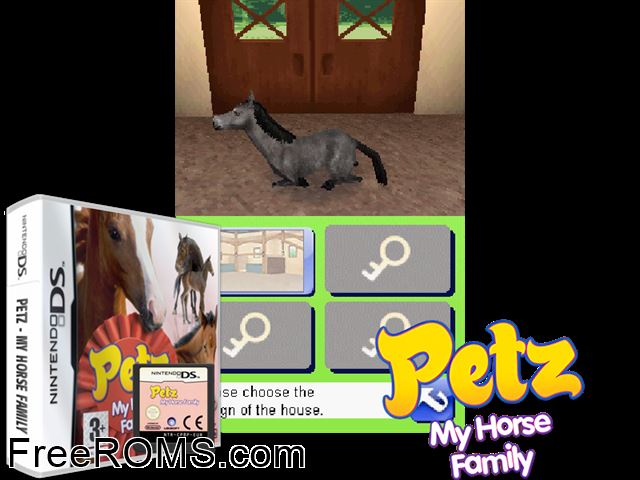 Petz My Horse Family Europe NDS game showing 3D box cover and gameplay screenshot
