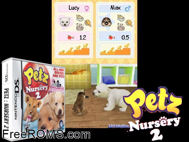 Petz Nursery 2 NDS game showing 3D box cover and gameplay screenshot