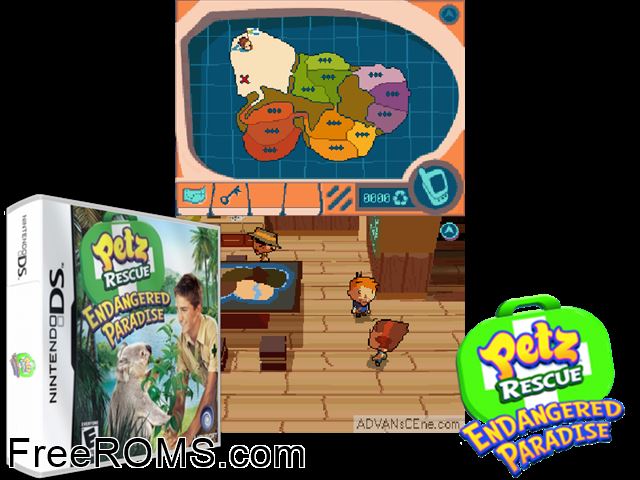 Petz Rescue - Endangered Paradise NDS game showing 3D box cover and gameplay screenshot