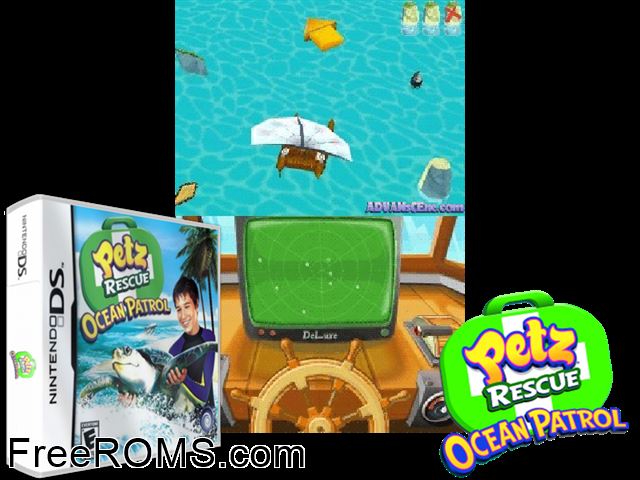 Petz Rescue - Ocean Patrol NDS game showing 3D box cover and gameplay screenshot