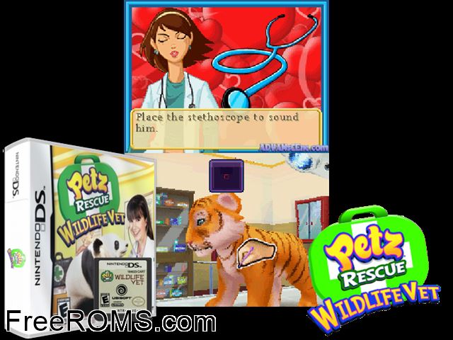 Petz Rescue - Wildlife Vet NDS game showing 3D box cover and gameplay screenshot