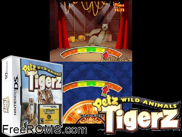 Petz Wild Animals - Tigerz NDS game showing 3D box cover and gameplay screenshot
