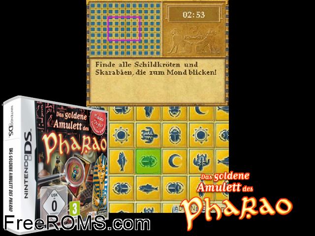 Pharaohs Amulet Europe NDS game showing 3D box cover and gameplay screenshot