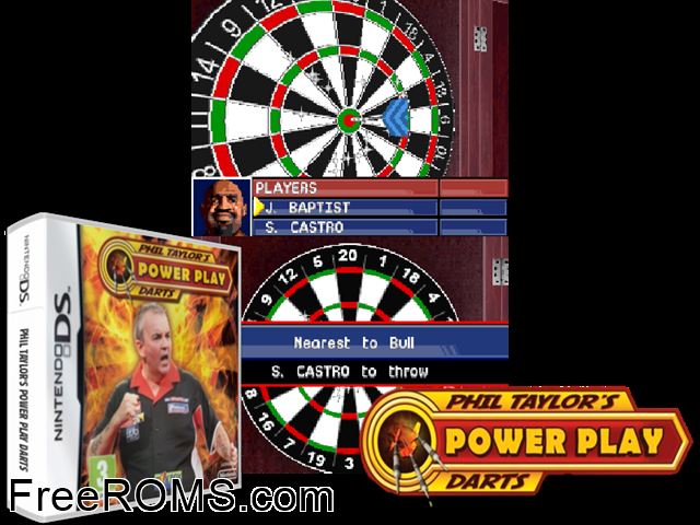 Phil Taylors Power Play Darts Europe NDS game showing 3D box cover and gameplay screenshot