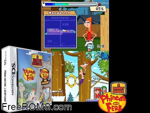 Phineas and Ferb - 2 Disney Games Europe NDS game showing 3D box cover and gameplay screenshot