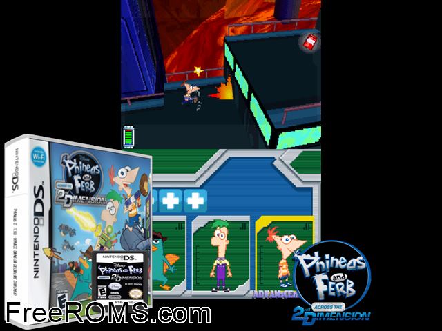Phineas and Ferb - Across the 2nd Dimension Europe NDS game showing 3D box cover and gameplay screenshot