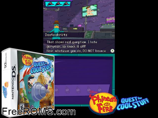 Phineas and Ferb - Quest for Cool Stuff Europe NDS game showing 3D box cover and gameplay screenshot