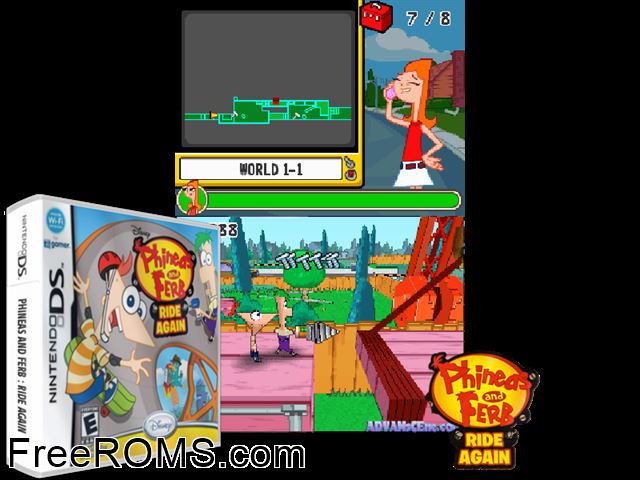 Phineas and Ferb - Ride Again NDS game showing 3D box cover and gameplay screenshot