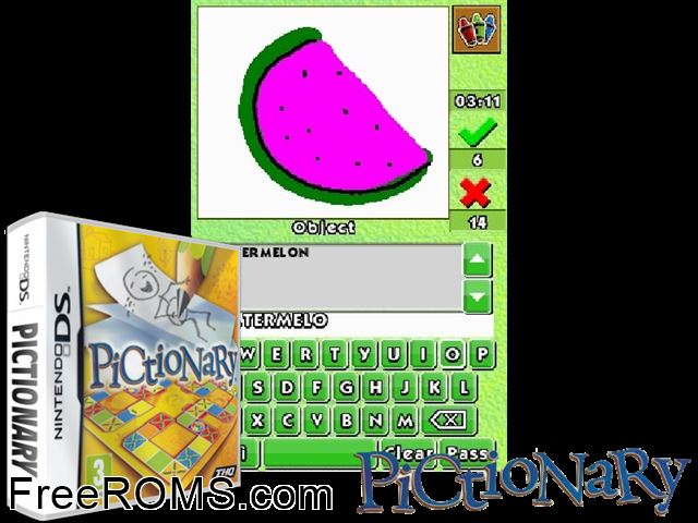 Pictionary NDS game showing 3D box cover and gameplay screenshot