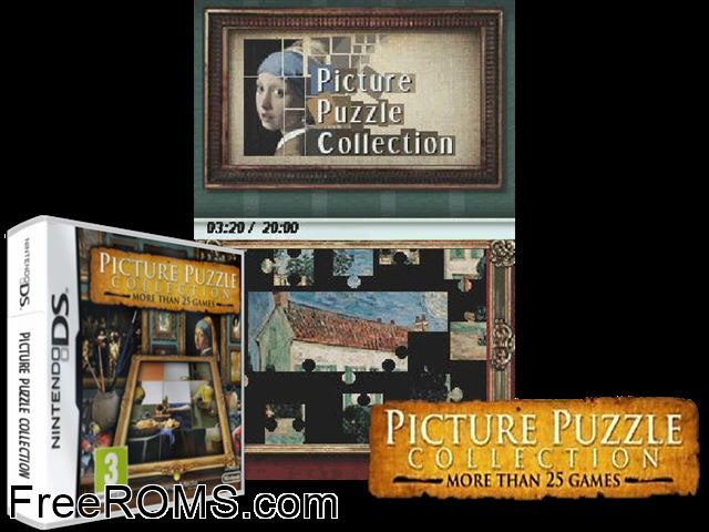 Picture Puzzle Collection Europe NDS game showing 3D box cover and gameplay screenshot