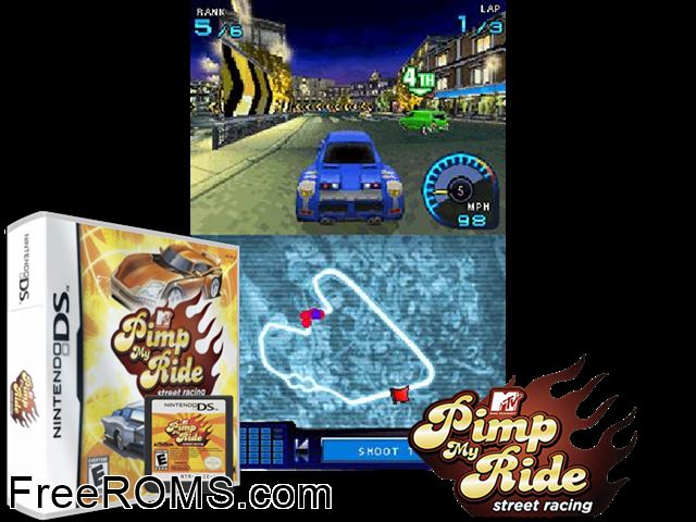 Pimp My Ride - Street Racing Europe NDS game showing 3D box cover and gameplay screenshot