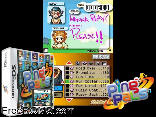 Ping Pals NDS game showing 3D box cover and gameplay screenshot