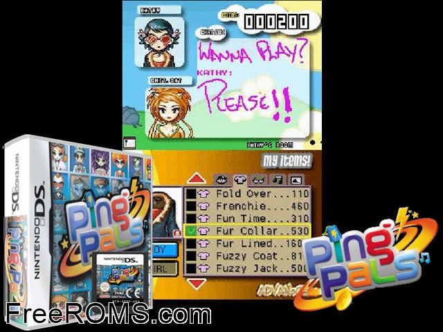 Ping Pals Europe NDS game showing 3D box cover and gameplay screenshot
