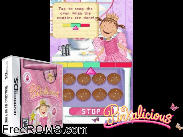 Pinkalicious Its Party Time NDS game showing 3D box cover and gameplay screenshot