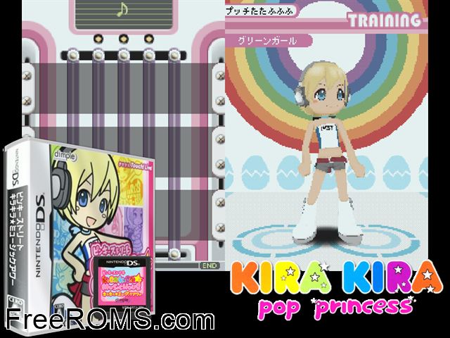 Pinky Street - Kira Kira Music Hour Japan NDS game showing 3D box cover and gameplay screenshot