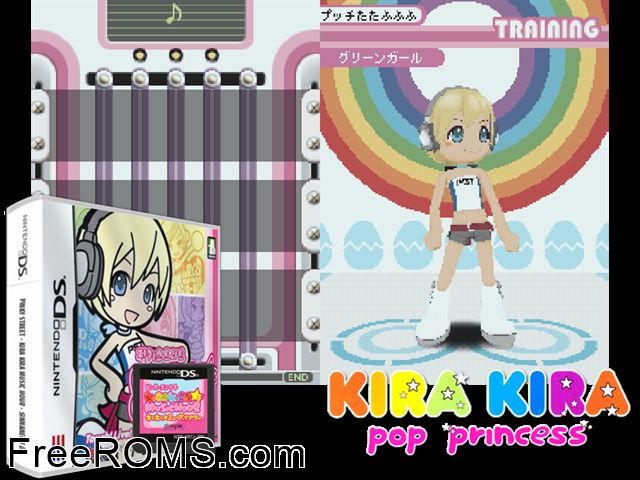 Pinky Street - Kira Kira Music Hour Sinnaneun Daenseubaeteul NDS game showing 3D box cover and gameplay screenshot