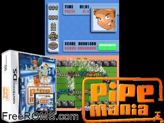 Pipe Mania NDS game showing 3D box cover and gameplay screenshot