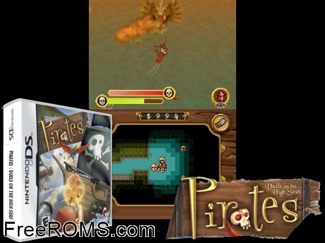 Pirates - Duels on the High Seas Europe NDS game showing 3D box cover and gameplay screenshot
