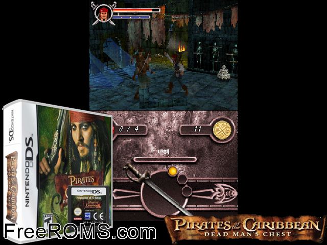 Pirates of the Caribbean - Dead Mans Chest NDS game showing 3D box cover and gameplay screenshot