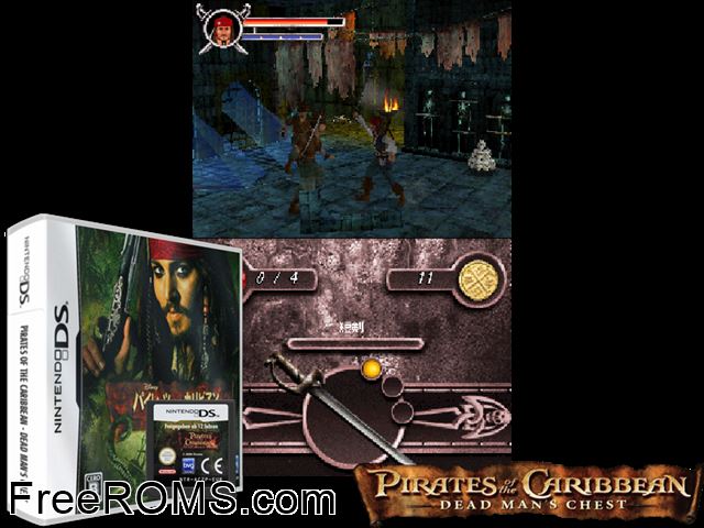 Pirates of the Caribbean - Dead Mans Chest Japan NDS game showing 3D box cover and gameplay screenshot
