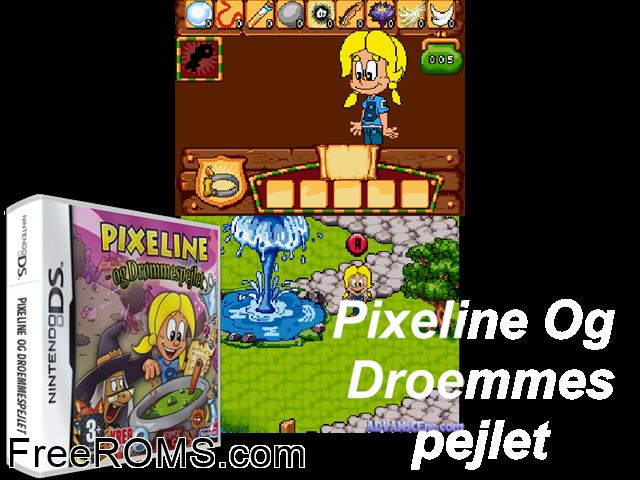 Pixeline og Droemmespejlet Europe NDS game showing 3D box cover and gameplay screenshot