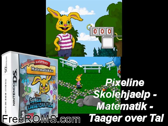 Pixeline Skolehjaelp - Dansk Kaos i Kommakoebing Europe NDS game showing 3D box cover and gameplay screenshot