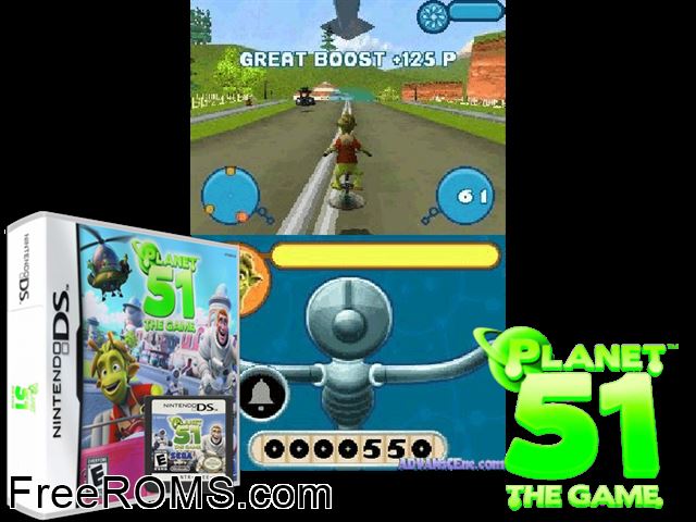 Planet 51 - The Game NDS game showing 3D box cover and gameplay screenshot