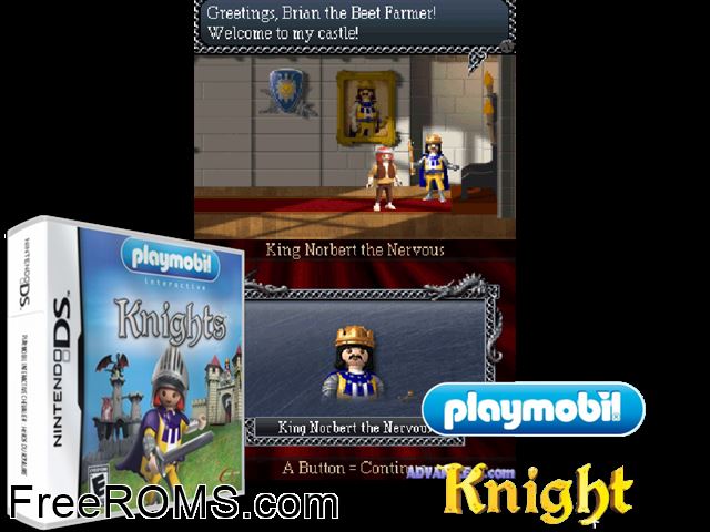 Playmobil - Knight - Hero of the Kingdom Europe NDS game showing 3D box cover and gameplay screenshot