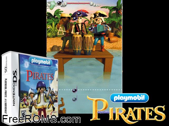 Playmobil Interactive - Pirates Boarding Europe NDS game showing 3D box cover and gameplay screenshot