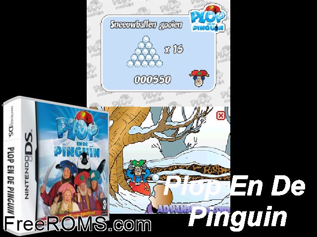 Plop en de Pinguin Netherlands NDS game showing 3D box cover and gameplay screenshot