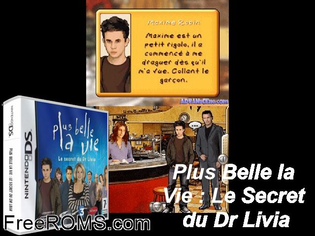 Plus Belle la Vie - Le Secret du Dr Livia France NDS game showing 3D box cover and gameplay screenshot