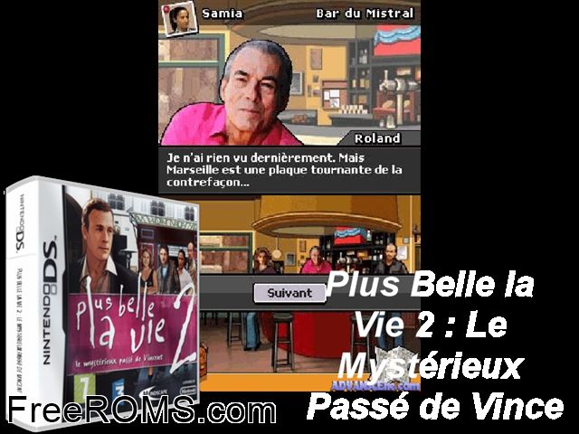 Plus Belle la Vie 2 - Le Mysterieux Passe de Vincent France NDS game showing 3D box cover and gameplay screenshot