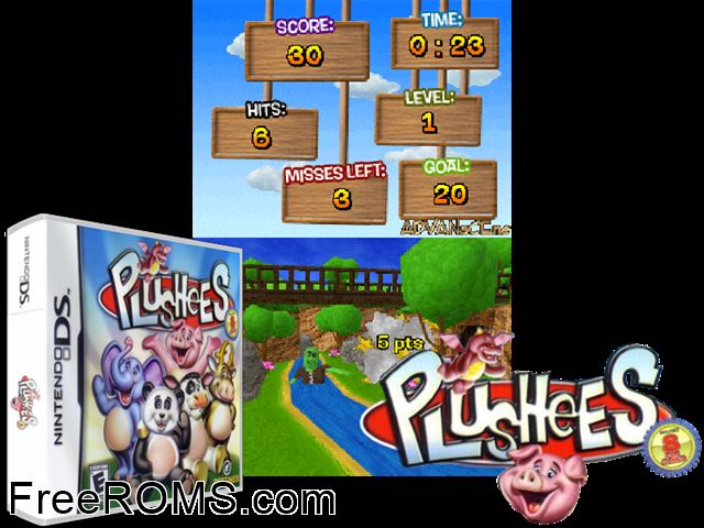 Plushees NDS game showing 3D box cover and gameplay screenshot