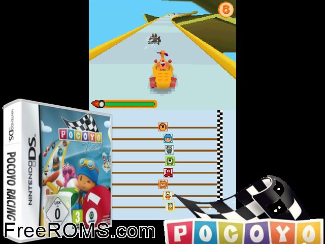 Pocoyo Racing Europe NDS game showing 3D box cover and gameplay screenshot