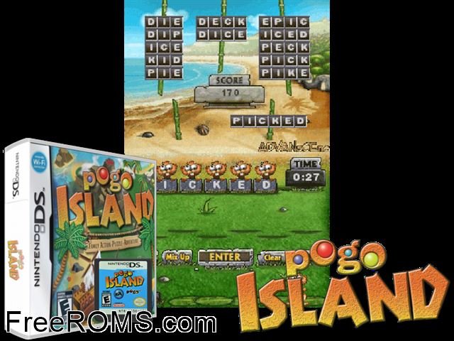 Pogo Island NDS game showing 3D box cover and gameplay screenshot