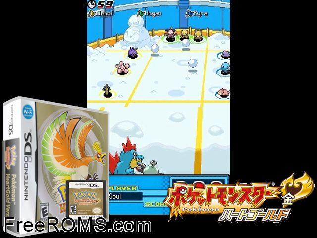 Pokemon HeartGold NDS game showing 3D box cover and gameplay screenshot