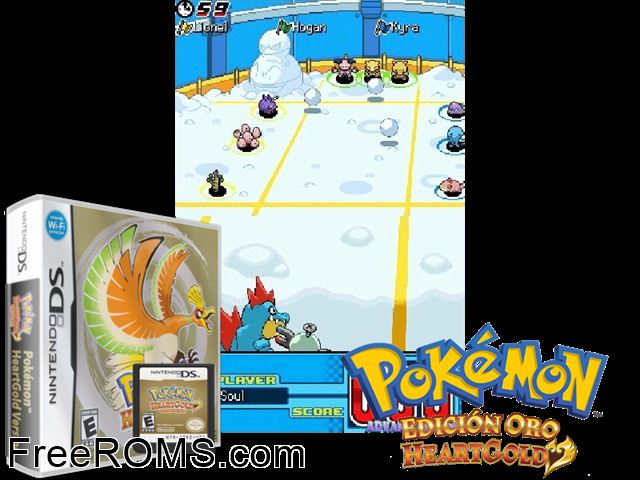 Pokemon HeartGold Version NDS game showing 3D box cover and gameplay screenshot