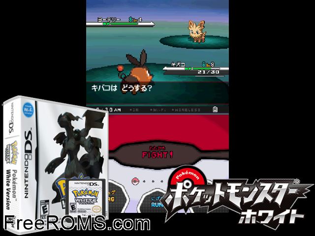 Pokemon White Version NDS game showing 3D box cover and gameplay screenshot