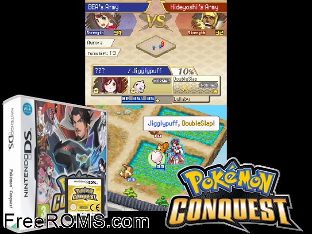 Pokemon Conquest NDS game showing 3D box cover and gameplay screenshot